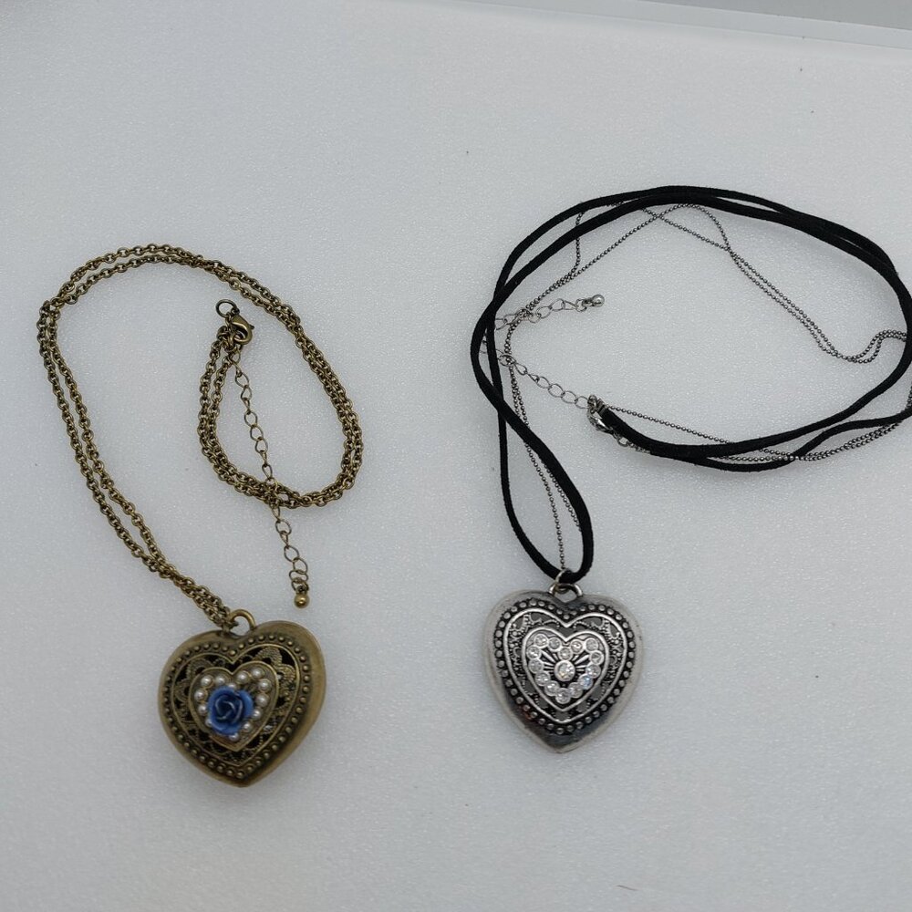 2 Heart Necklace Bronze or Brass Tone Blue Flower & Silver Tone Clear Stones